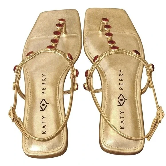 NIB Katy Perry The Camie Gemstone Sandal 5.5 Gold Red Jewels Square Toe Flat - Picture 8 of 11